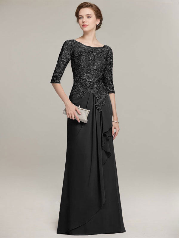 A-line Scoop Illusion Floor-Length Lace Chiffon Mother of the Bride Dress With Cascading Ruffles
