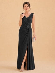V-Neck Faux-Wrap Evening Gown with Side Draping Mother of The Bride Dresses
