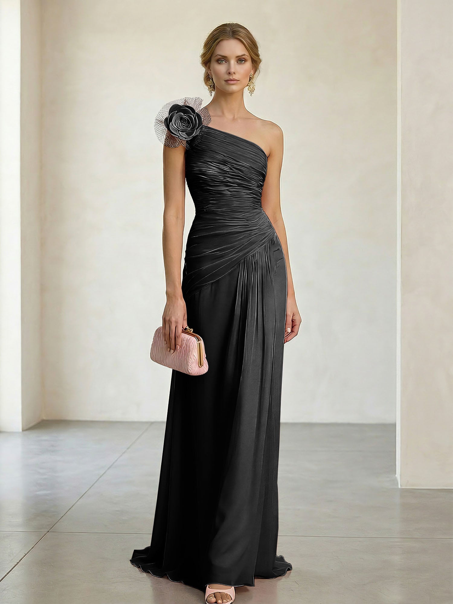 Blush Pink One-Shoulder Ruched 3D Floral Gown Dress