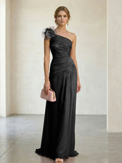 Blush Pink One-Shoulder Ruched 3D Floral Gown Dress