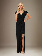 Sheath/Column V Neck Short Sleeve Floor Length Chiffon Dress With Cascading Ruffles