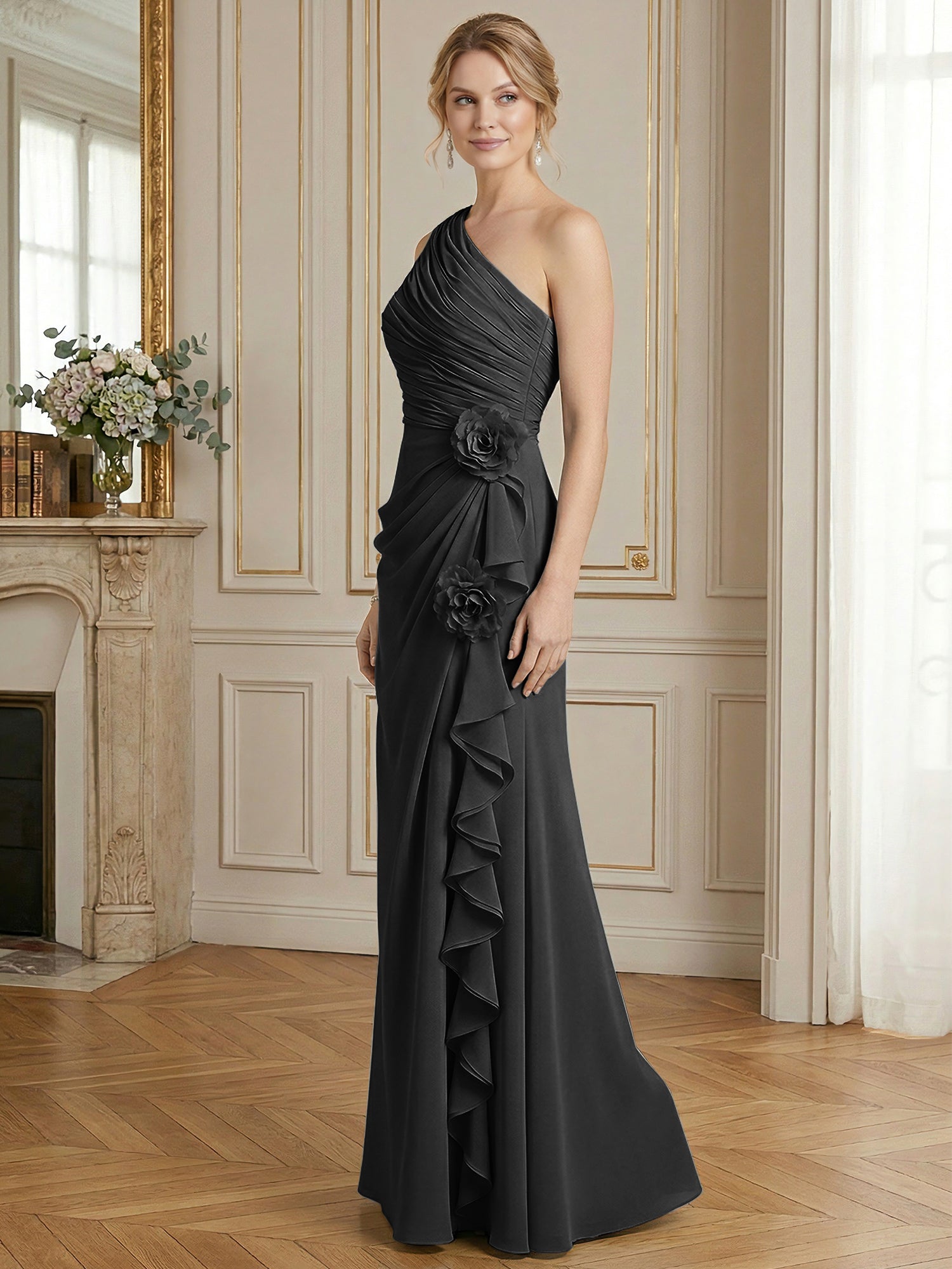 Dusty Blue One-Shoulder Ruched Floral Maxi Dress Gown