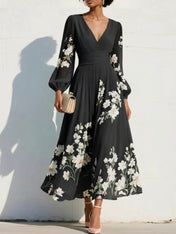 Elegant Floral V-Neck Pleated Midi Dress with Long Sleeves