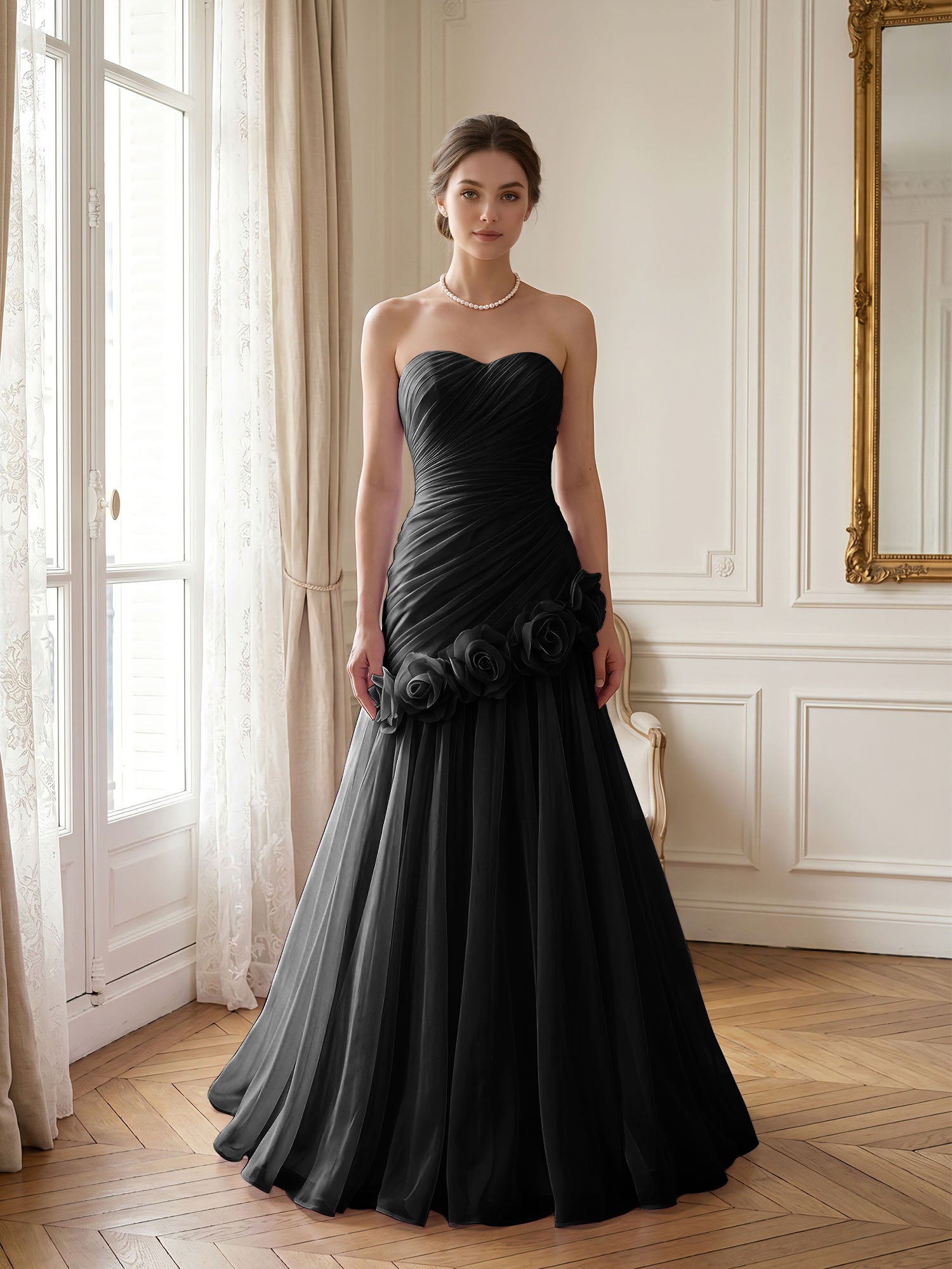 Lilac 3D Rosette Strapless Chiffon Evening Formal Gown Wedding Guest Dress