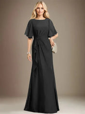 A-line Scoop Floor-Length Chiffon Mother of the Bride Dress With Cascading Ruffles Beading Sequins