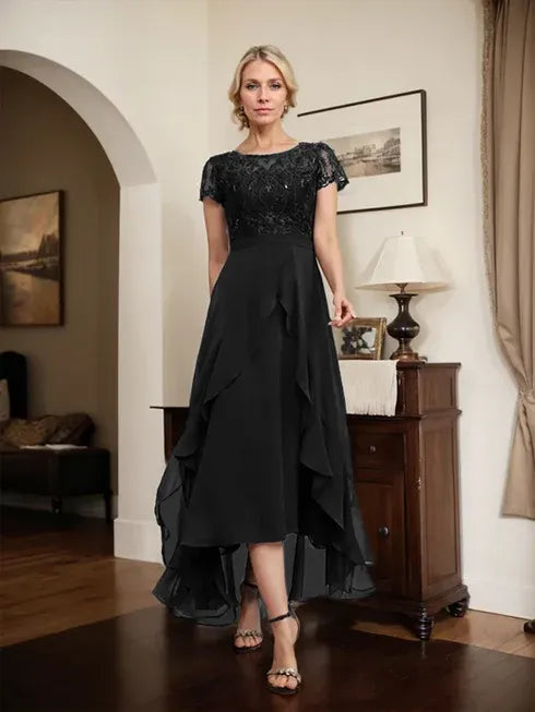 A-line Scoop Illusion Asymmetrical Chiffon Lace Mother of the Bride Dress With Bow Ruffle Sequins