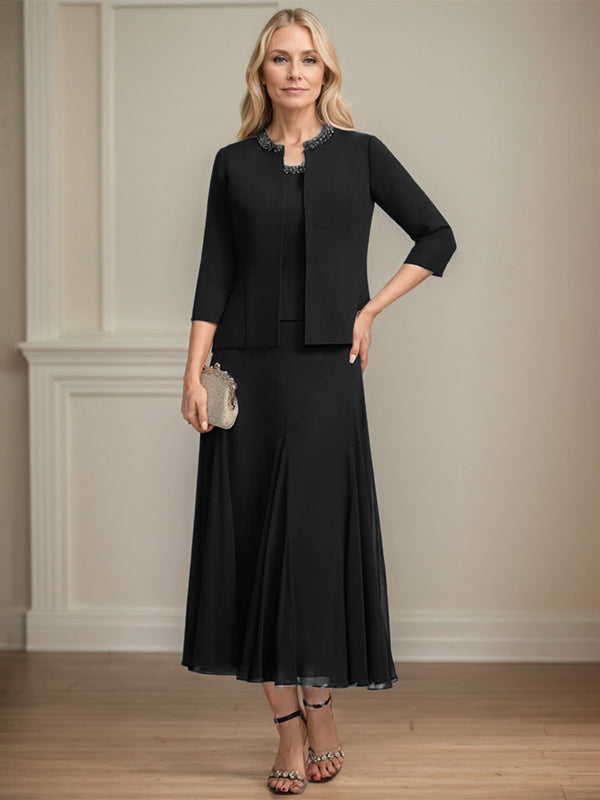 Separates A-line Scoop Tea-Length Chiffon Mother of the Bride Dress With Sequins Beading
