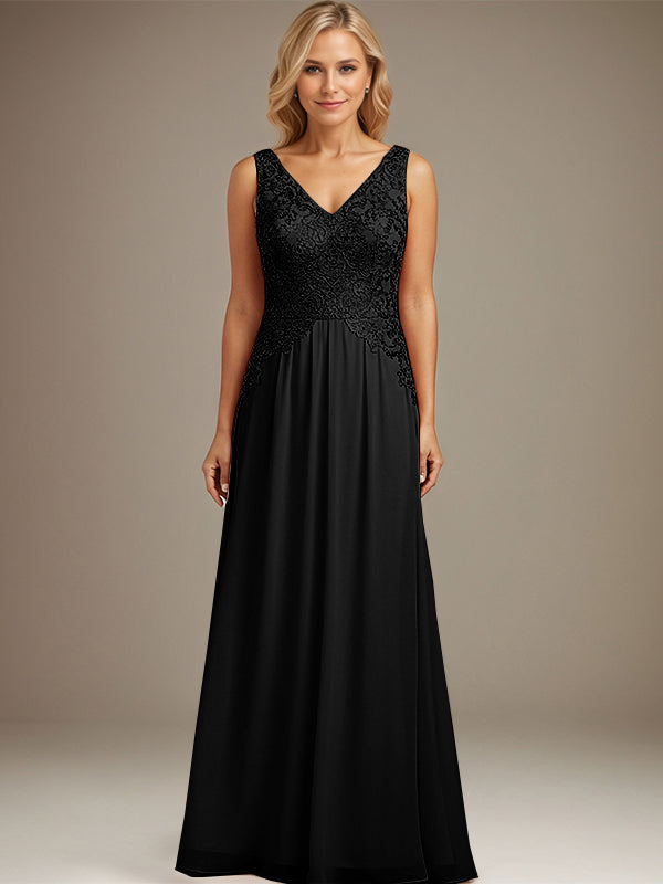 Burgundy A-line V Neck Floor-Length Lace Chiffon Mother of the Bride Dresses