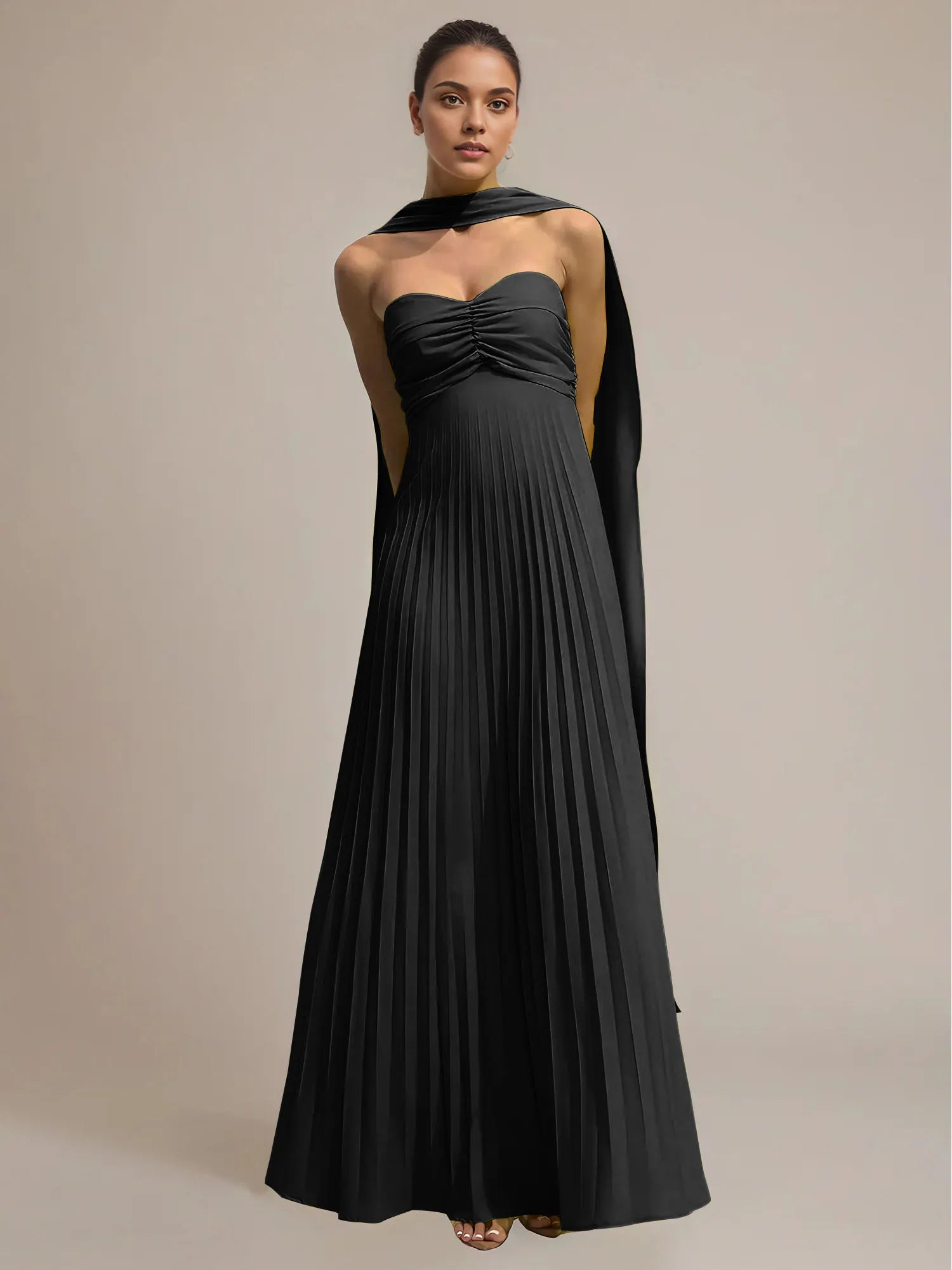 Green Chiffon A Line Off The Shoulder Sleeveless Floor Length Pleated Dress