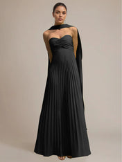 Green Chiffon A Line Off The Shoulder Sleeveless Floor Length Pleated Dress