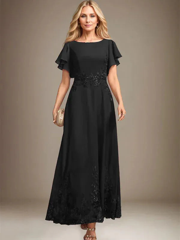 Robe de mère de la mariée trapèze en mousseline de soie et dentelle, longueur cheville, avec paillettes 
