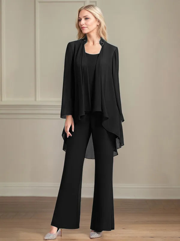 Chiffon Scoop Neck Long Sleeves Floor Length Mother Of The Bride Pantsuits