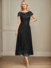A-line Illusion Scoop Tea-Length Lace Chiffon Mother of the Bride Dress With Sequins