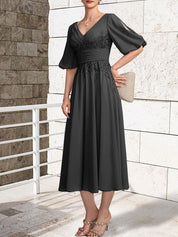 A-line V-Neck Tea-Length Lace Chiffon Mother of the Bride Dress With Pleated