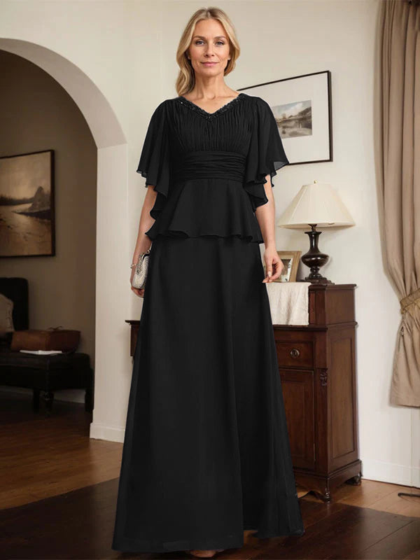 A-line V-Neck Floor-Length Chiffon Mother of the Bride Dress With Pleated Beading