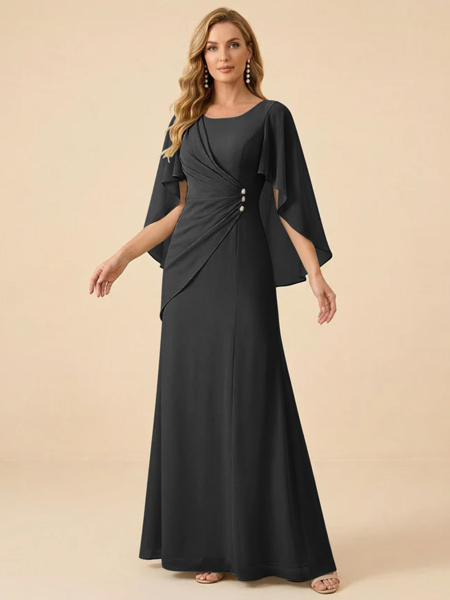 Sage Green Chiffon Beaded Mother of the Bride Dress with Cape Sleeves