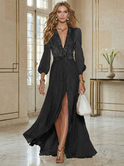 Elegant Beige Chiffon V-neck With Rhinestone Embellishments And A Side Slit Maxi Dress