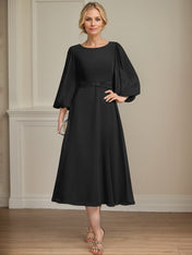 A-line Scoop Tea-Length Chiffon Mother of the Bride Dress With Crystal Brooch Pleated