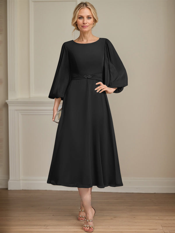 A-line Scoop Tea-Length Chiffon Mother of the Bride Dress With Crystal Brooch Pleated