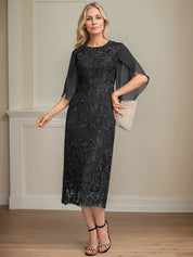 Sheath/Column Scoop Tea-Length Lace Chiffon Mother of the Bride Dress