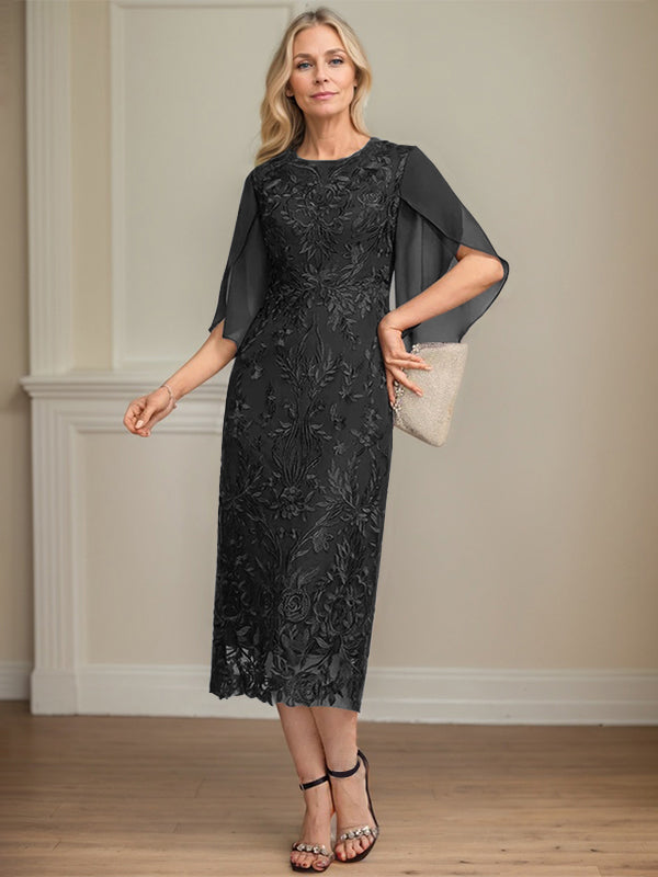 Column Scoop Tea-Length Lace Chiffon Mother of the Bride Dress