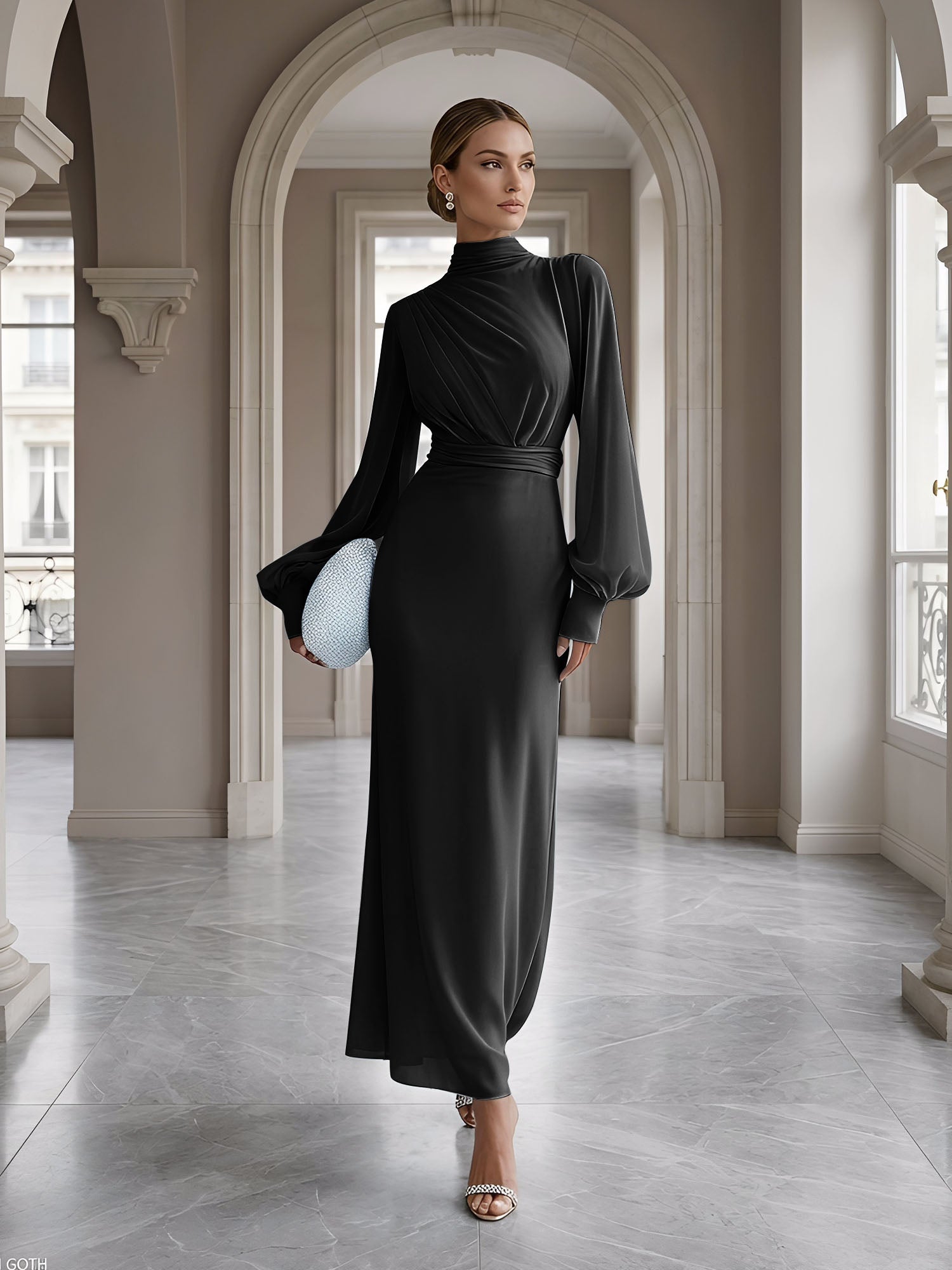 Ice Blue High-Neck Bishop Sleeve Gown Foraml Evening Dress