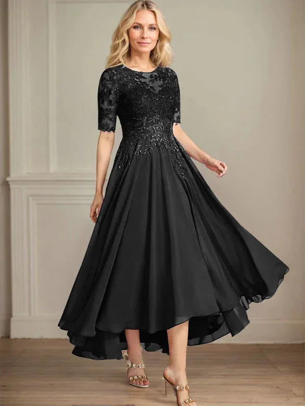 Robe de mère de la mariée asymétrique en mousseline de soie et dentelle, coupe trapèze, décolleté en V, illusion, avec paillettes 