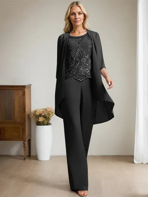 Pantsuit Scoop Floor-Length Chiffon Lace Mother of the Bride Dress With Beading Sequins