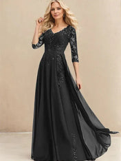 A-line V-Neck Floor-Length Lace Chiffon Mother of the Bride Dress With Sequins