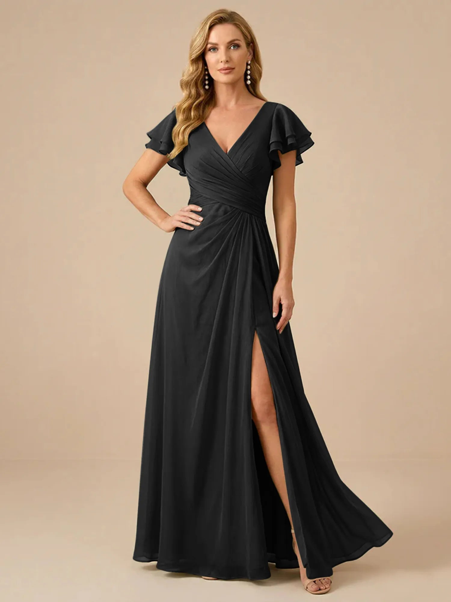 Sage Green V-Neck High-Slit Pleated Chiffon Dress