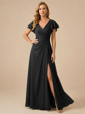 Sage Green V-Neck High-Slit Pleated Chiffon Dress
