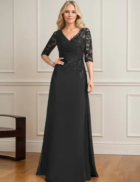 Robe de mère de la mariée trapèze, col en V, longueur au sol, en mousseline de soie et dentelle, avec sequins plissés 