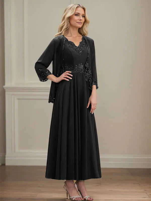 Robe de mère de la mariée trapèze en mousseline de soie, col en V, longueur cheville, avec appliques à paillettes et perles en dentelle 