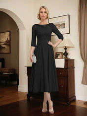 A-line Scoop Illusion Tea-Length Chiffon Lace Mother of the Bride Dress With Beading Sequins