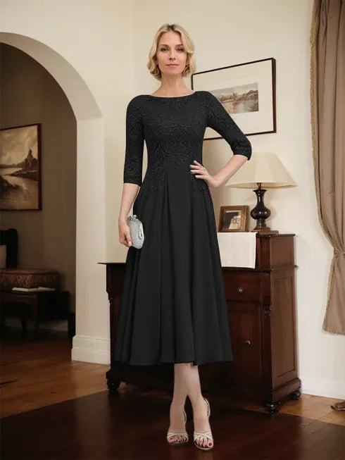 A-line Scoop Illusion Tea-Length Chiffon Lace Mother of the Bride Dress With Beading Sequins