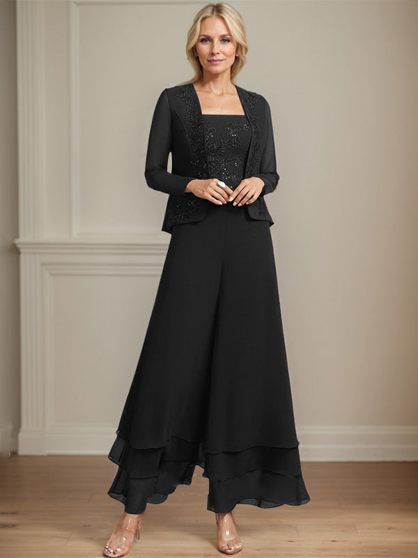 Pantsuit Square Ankle-Length Lace Chiffon Mother of the Bride Dress With Sequins