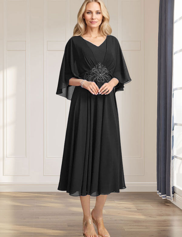 A-line V-Neck Tea-Length Chiffon Mother of the Bride Dress With Pleated Sequins Appliques Lace Beadind