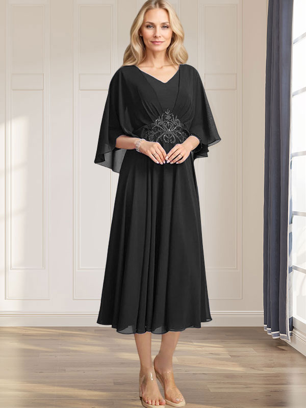 A-line V-Neck Tea-Length Chiffon Mother of the Bride Dress With Pleated Sequins Appliques Lace Beadind