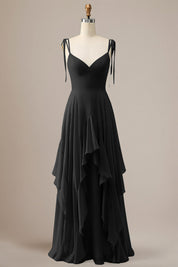Elegant Dusty Blue A Line Spaghetti Straps Chiffon Long Bridesmaid Dress with Ruffles