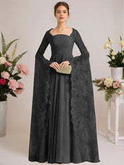 A-line Square Floor-Length Chiffon Lace Evening Dress With Beading Pleated