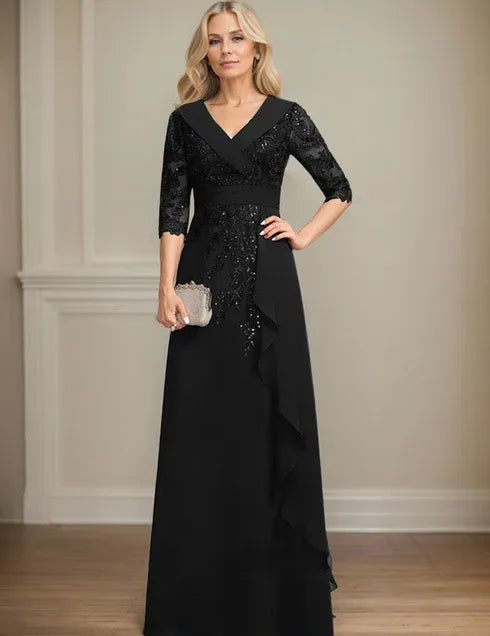 Robe de mère de la mariée trapèze, col en V, longueur au sol, en mousseline de soie et dentelle, avec volants en cascade et paillettes 