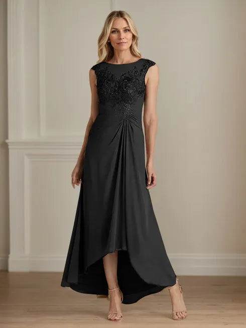 Champagne A-Line Scoop Lace Chiffon Dress