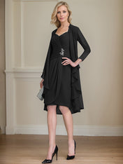 Sheath/Column Sweetheart Knee-Length Chiffon Mother of the Bride Dress With Beading Appliques Lace Sequins Pleated
