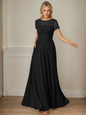 Dark Navy A-Line Boatneck Sequins Chiffon Dress
