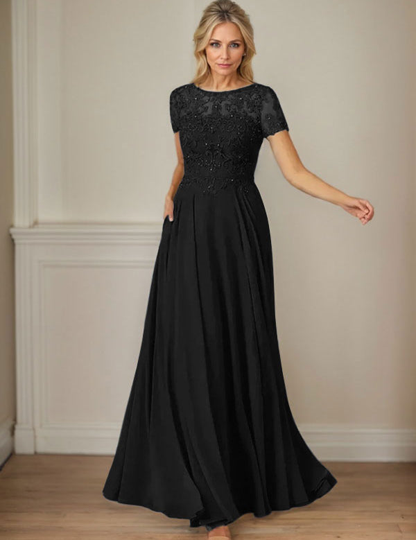 Dark Navy A-Line Boatneck Sequins Chiffon Dress