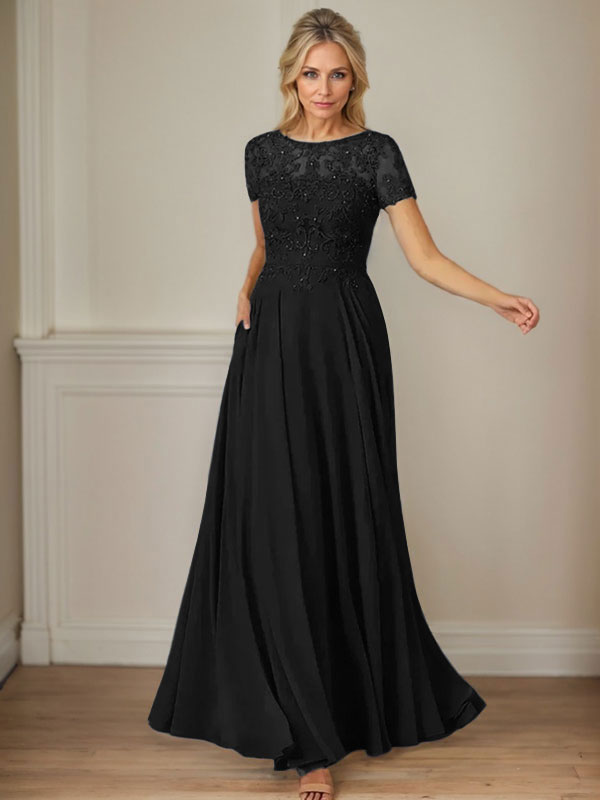 Dark Navy A-Line Boatneck Sequins Chiffon Dress
