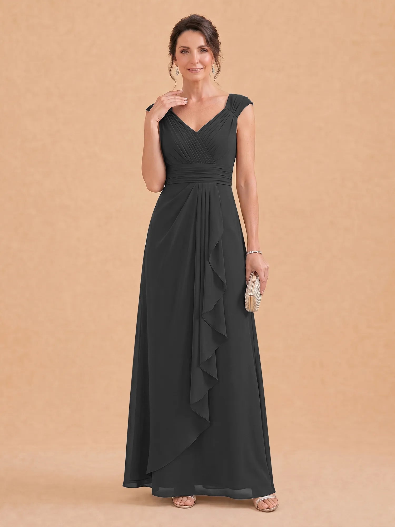 V-Neck Ruched Chiffon A-Line Mother of the Bride Dress with Cascading Ruffle