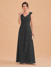 V-Neck Ruched Chiffon A-Line Mother of the Bride Dress with Cascading Ruffle