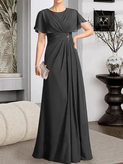 A-line Scoop Floor-Length Chiffon Mother of the Bride Dress With Pleated Beading