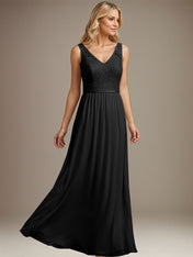 Dusty Blue A-line V Neck Floor-Length Lace Chiffon Mother of the Bride Dress